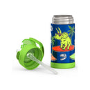 Stainless steel water bottle featuring a colorful dinosaur design, includes a green lid with a straw.