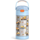 Stainless steel vacuum insulated water bottle for kids, featuring a construction vehicle design, blue lid, and carry handle.