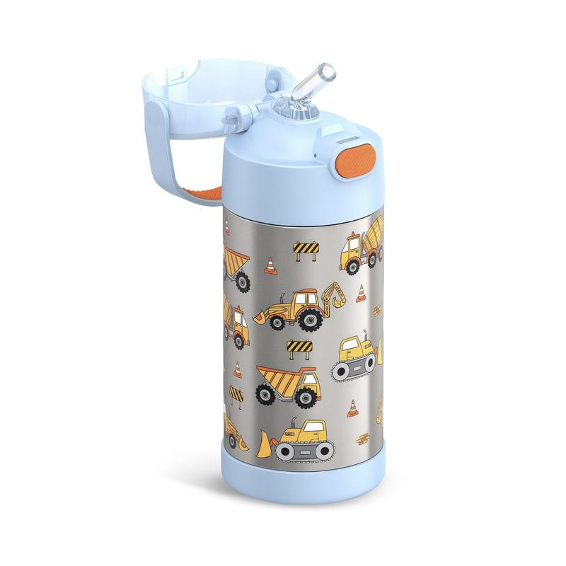 Stainless steel 12oz vacuum insulated water bottle with a blue lid, featuring construction vehicle designs and a straw.
