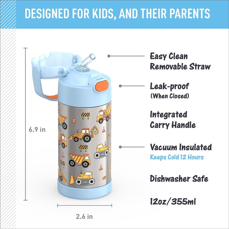 Stainless steel water bottle for kids with construction vehicle design, removable straw, leak-proof lid, and carry handle.