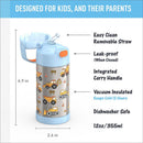 Stainless steel water bottle for kids with construction vehicle design, removable straw, leak-proof lid, and carry handle.