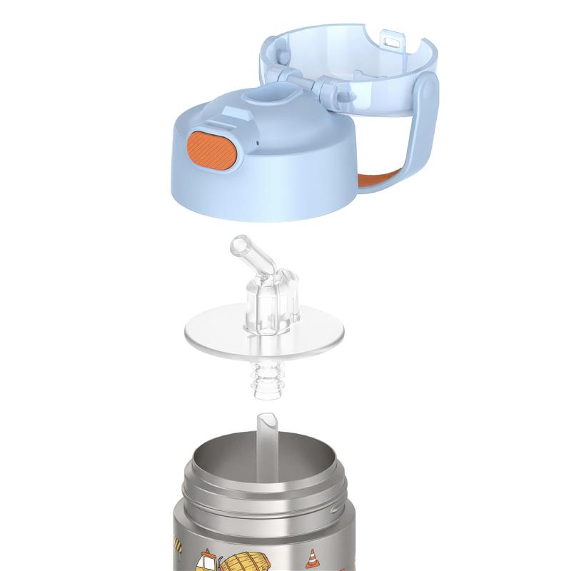 Stainless steel vacuum insulated THERMOS FUNTAINER water bottle with a blue lid and drinking spout, shown in disassembled view.