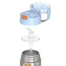 Stainless steel vacuum insulated THERMOS FUNTAINER water bottle with a blue lid and drinking spout, shown in disassembled view.