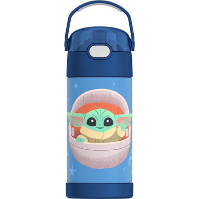 Stainless steel vacuum insulated water bottle featuring Mandalorian character The Child in a space scene.