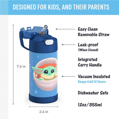Stainless steel 12oz vacuum insulated water bottle featuring a design of Mandalorian The Child, with a removable straw and carry handle.