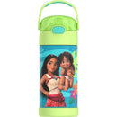 GREEN THERMOS FUNTAINER 12Oz stainless steel water bottle featuring Moana and a child against a tropical background.