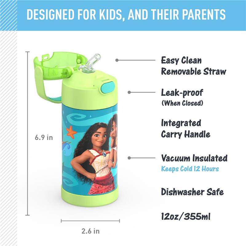 THERMOS FUNTAINER 12oz Kids Water Bottle features Moana graphics, a removable straw, handle, and is vacuum insulated.