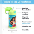 THERMOS FUNTAINER 12oz Kids Water Bottle features Moana graphics, a removable straw, handle, and is vacuum insulated.