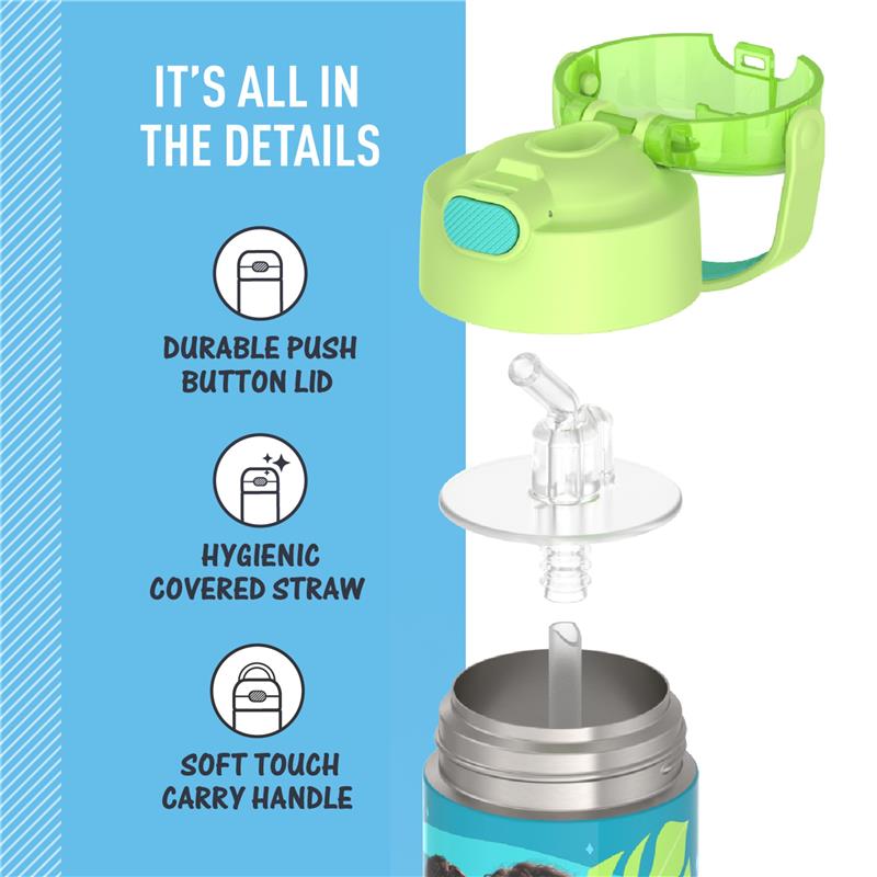 Moana-themed THERMOS FUNTAINER 12oz water bottle featuring a green push-button lid, covered straw, and soft touch carry handle.