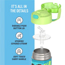 Moana-themed THERMOS FUNTAINER 12oz water bottle featuring a green push-button lid, covered straw, and soft touch carry handle.