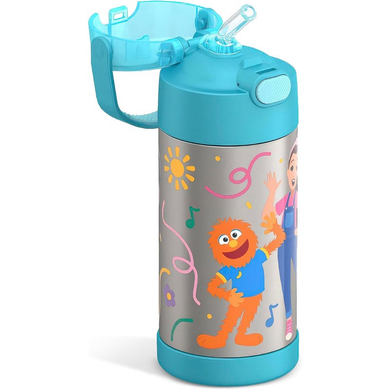 Stainless steel vacuum insulated 12 oz water bottle featuring Ms. Rachel and a cartoon character with colorful designs.