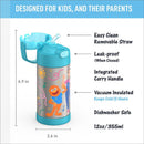 Stainless steel water bottle for kids, featuring Ms. Rachel and a character, includes a removable straw and carry handle.