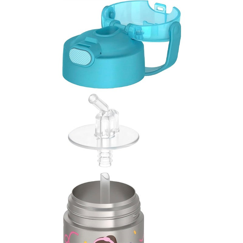Stainless steel THERMOS FUNTAINER 12oz water bottle, showing blue lid and clear straw assembly.