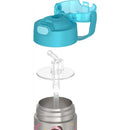 Stainless steel THERMOS FUNTAINER 12oz water bottle, showing blue lid and clear straw assembly.