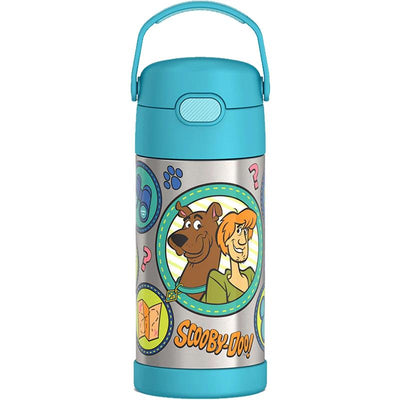 Stainless steel vacuum insulated water bottle featuring Scooby-Doo and Shaggy graphics, with a blue lid and handle.
