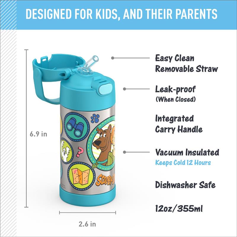 Stainless steel vacuum-insulated 12oz water bottle featuring Scooby-Doo design, removable straw, and carry handle.