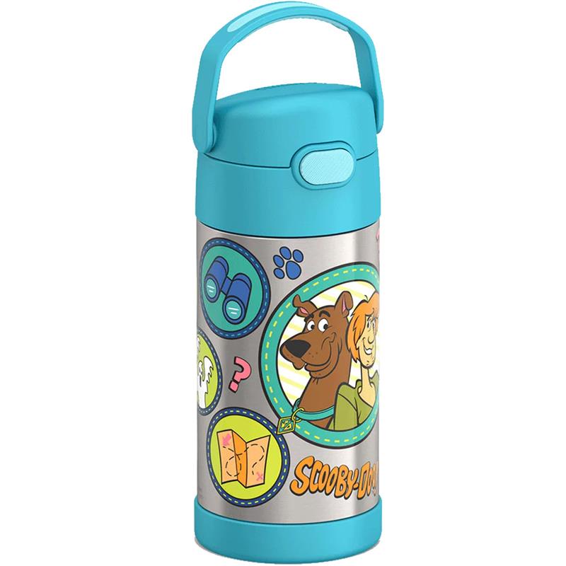 Stainless steel vacuum insulated water bottle for kids featuring Scooby-Doo and Shaggy illustrations.