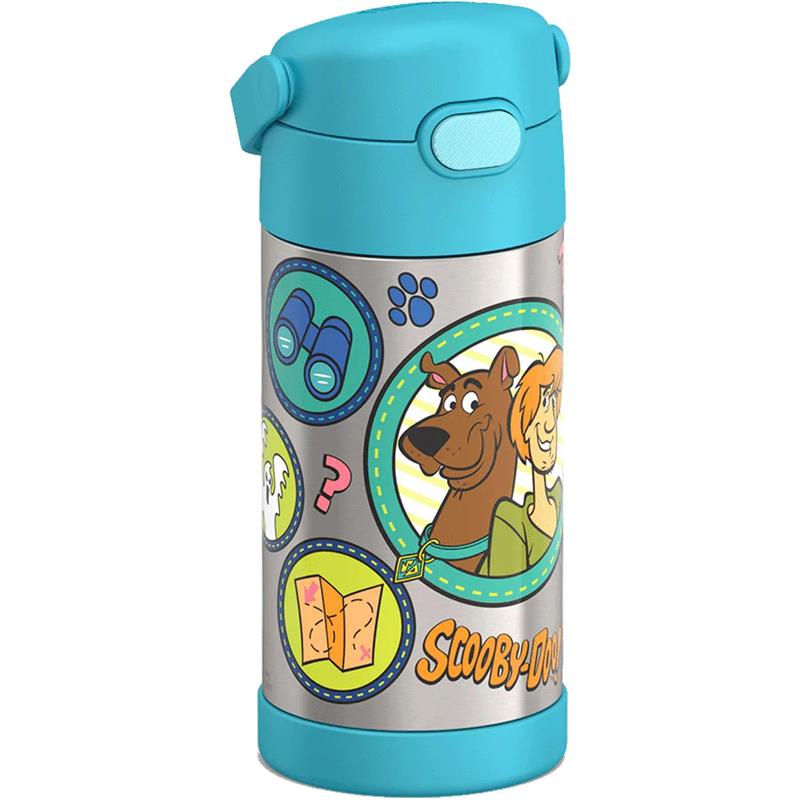 Stainless steel water bottle featuring Scooby-Doo and Shaggy graphics, with a blue lid and vacuum insulation.