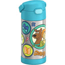 Stainless steel water bottle featuring Scooby-Doo and Shaggy graphics, with a blue lid and vacuum insulation.