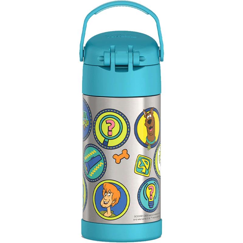 Stainless steel vacuum-insulated water bottle for kids featuring Scooby-Doo and Shaggy designs, with a blue lid and handle.