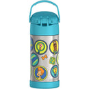 Stainless steel vacuum-insulated water bottle for kids featuring Scooby-Doo and Shaggy designs, with a blue lid and handle.