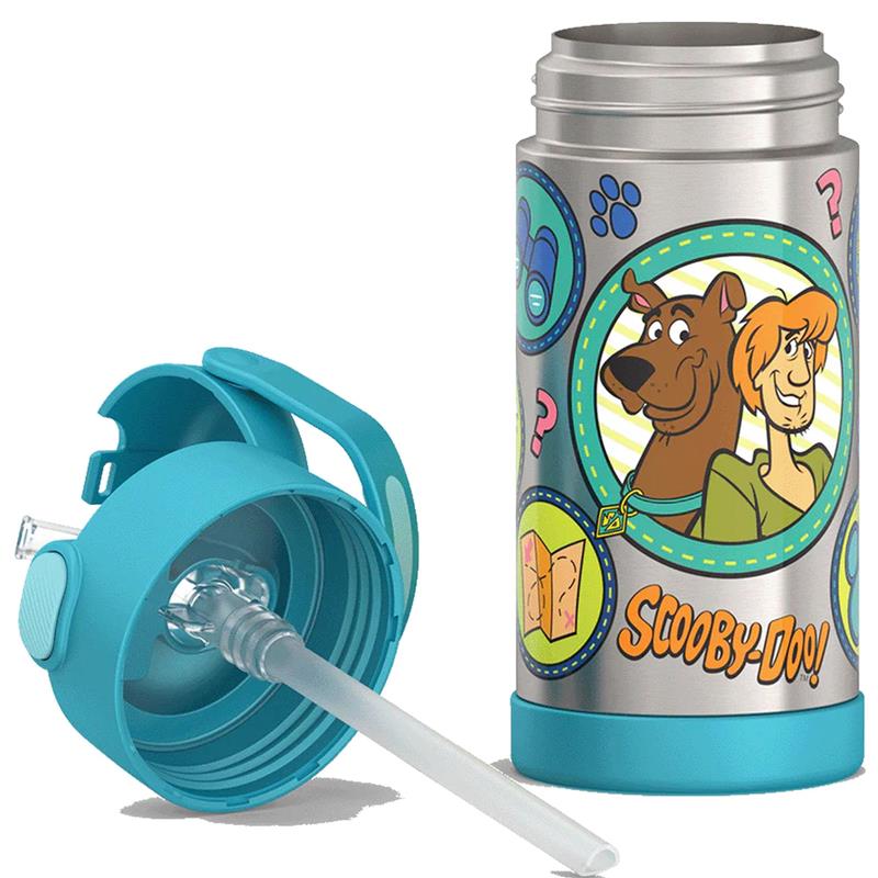 Stainless steel vacuum insulated water bottle featuring Scooby-Doo and Shaggy designs, with a turquoise lid and straw.