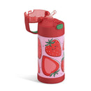 Stainless steel red water bottle featuring a strawberry design, with a sip lid and carrying handle.