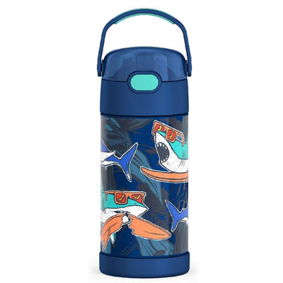 Stainless steel water bottle featuring colorful surf-themed sharks wearing sunglasses, ideal for kids.