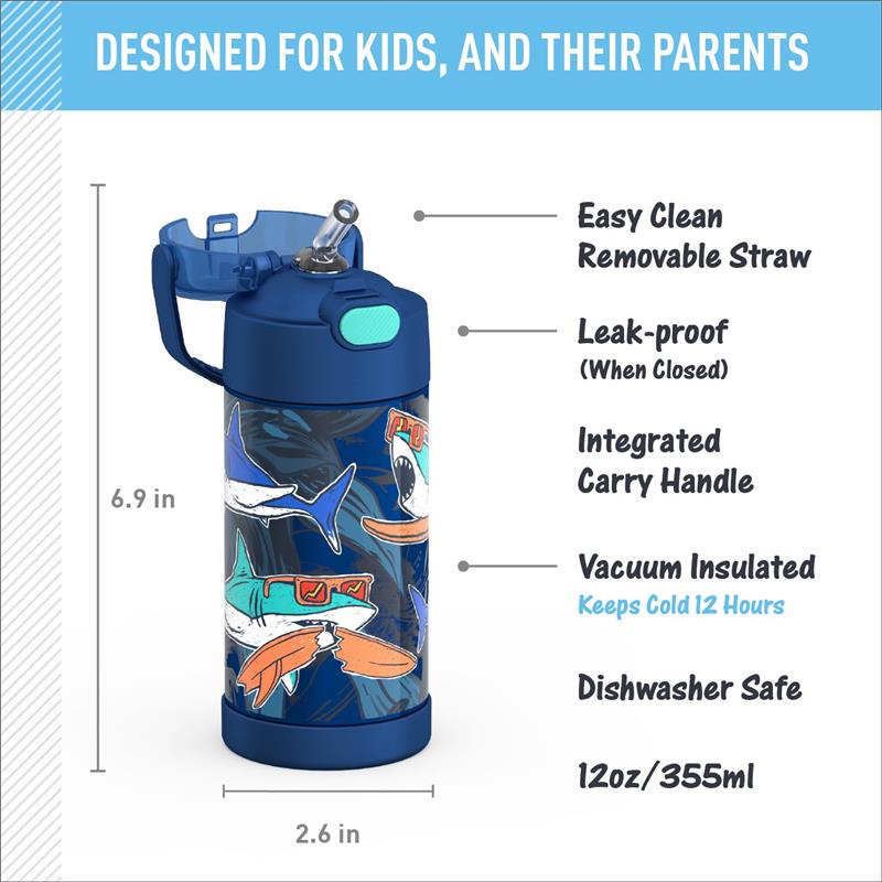 Stainless steel THERMOS FUNTAINER 12oz kids water bottle featuring a colorful shark design, removable straw, and carry handle.