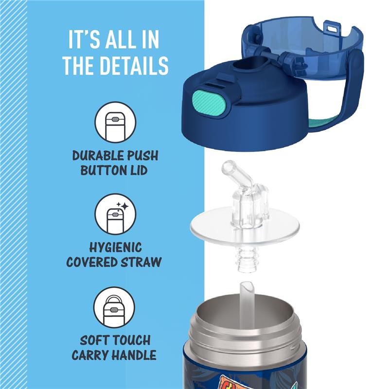 Durable blue lid of the THERMOS FUNTAINER water bottle, featuring a push button, covered straw, and soft touch carry handle.