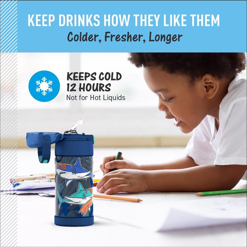 Stainless steel vacuum insulated water bottle with shark designs, keeping drinks cold for 12 hours; child coloring nearby.