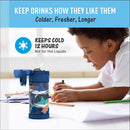 Stainless steel vacuum insulated water bottle with shark designs, keeping drinks cold for 12 hours; child coloring nearby.