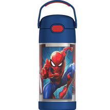Stainless steel 12oz water bottle featuring Spider-Man design and a bail handle for easy carrying.