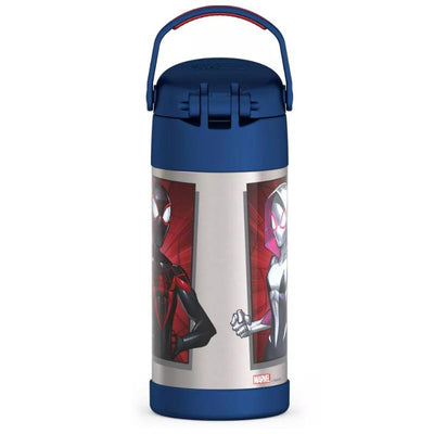 Stainless steel Thermos FUNtainer 12oz water bottle featuring Spider-Man and Spider-Gwen graphics with a bail handle.