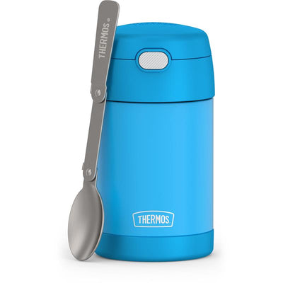 Kid-friendly denim blue THERMOS FUNTAINER 16oz food jar with a foldable spoon attached to the side.