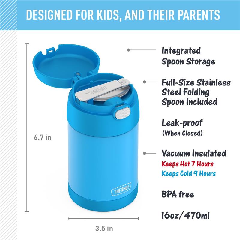 THERMOS FUNTAINER 16oz kid-friendly food jar in denim blue, featuring an integrated spoon, leak-proof design, and vacuum insulation.