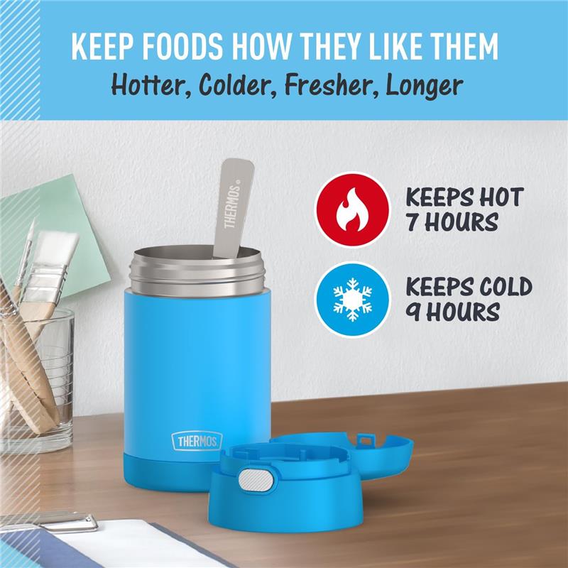 THERMOS FUNTAINER 16Oz food jar in denim blue with a foldable spoon, showcasing heat retention for 7 hours and cold for 9 hours.