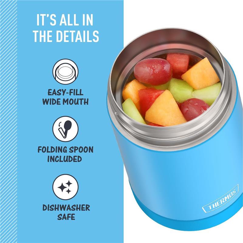 Kid-friendly THERMOS FUNTAINER 16oz food jar in denim blue, featuring a wide mouth, colorful fruit inside, and a foldable spoon.