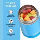 Kid-friendly THERMOS FUNTAINER 16oz food jar in denim blue, featuring a wide mouth, colorful fruit inside, and a foldable spoon.