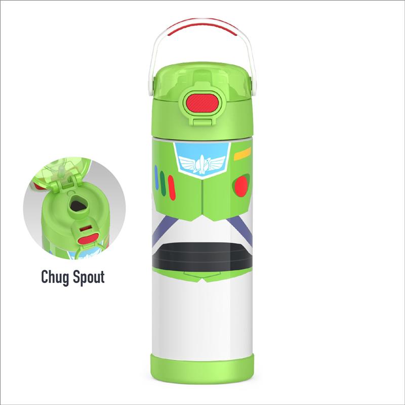 Stainless steel vacuum insulated bottle featuring Toy Story Buzz design and a wide spout lid with chug spout.