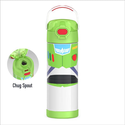 Stainless steel vacuum insulated bottle featuring Toy Story Buzz design and a wide spout lid with chug spout.