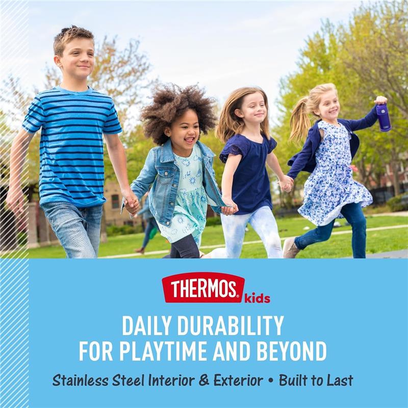 Kids running together in a park, one holding a purple THERMOS FUNTAINER 16oz vacuum insulated bottle.