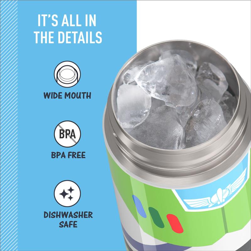 Stainless steel vacuum insulated bottle with wide mouth lid, features ice inside, BPA free, and dishwasher safe.