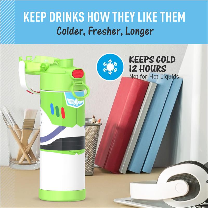 Stainless steel Thermos Funtainer bottle with Buzz Lightyear design, keeps drinks cold for 12 hours.