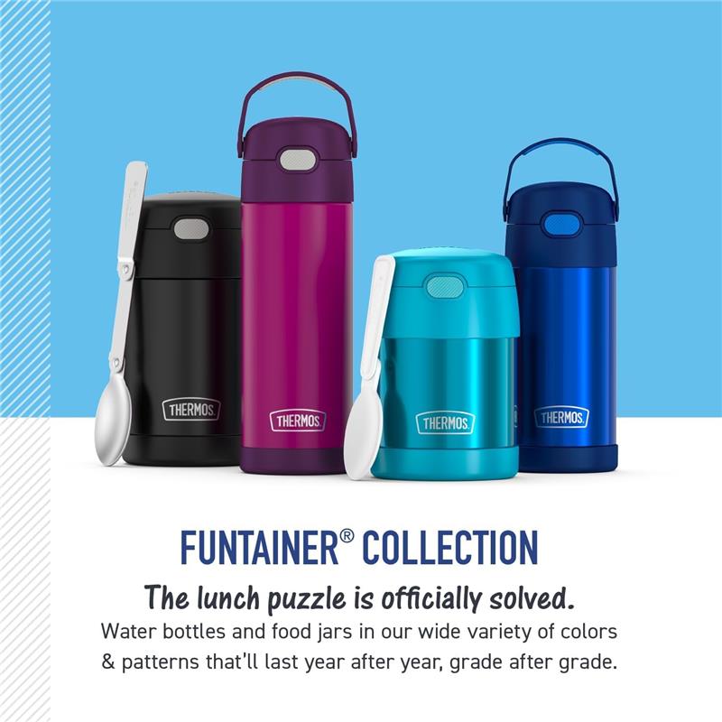 THERMOS FUNTAINER 16Oz vacuum insulated bottles in various colors with a spoon, displaying the FUNTTAINER® COLLECTION.
