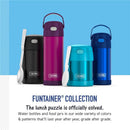 THERMOS FUNTAINER 16Oz vacuum insulated bottles in various colors with a spoon, displaying the FUNTTAINER® COLLECTION.