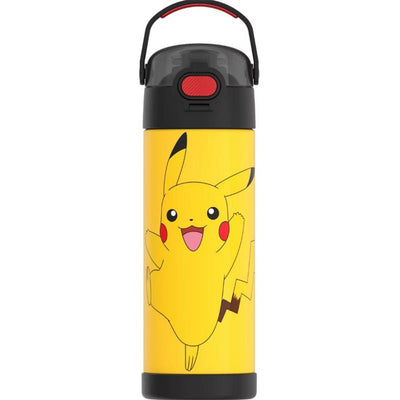 Thermos FUNtainer 16oz stainless steel water bottle featuring Pikachu design and a bail handle.