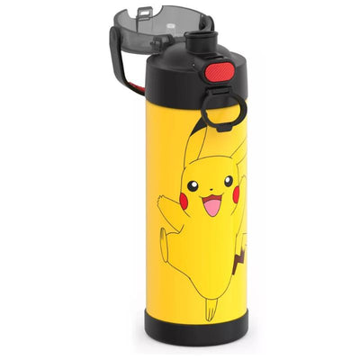 Thermos FUNtainer 16oz stainless steel water bottle featuring Pikachu design with a bail handle.
