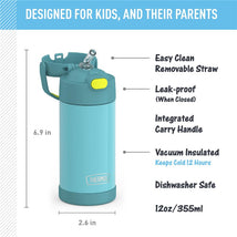 Thermos FUNtainer 12 oz water bottle in blue and green, featuring a removable straw, carry handle, and vacuum insulation.