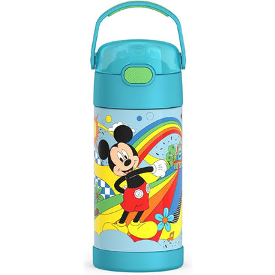 Thermos FUNtainer 12 oz water bottle featuring a colorful Mickey Mouse design with vibrant rainbow and playful elements.